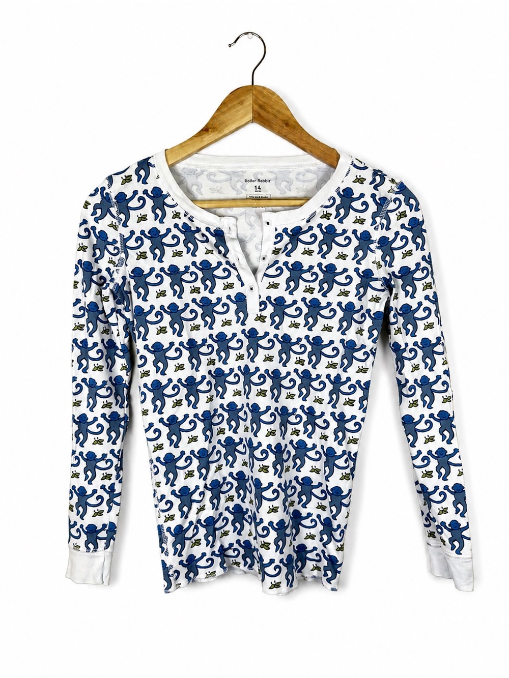 Roller Rabbit Kids Blue Monkey Print Pajama Top Long Sleeve Size 14